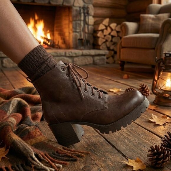 NWT SODA Brown Lace Up Combat Boots Lug Sole Chunky Heel Platform Ankle Booties - Picture 6 of 6